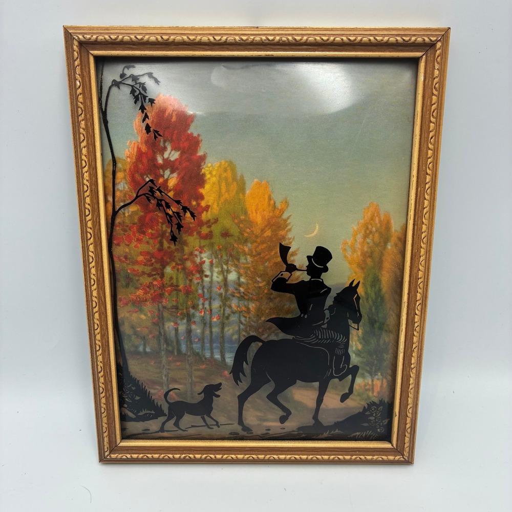 Vintage Reverse Glass Silhouette Painting Fox Hunt Rider Horse Dog Gold Frame